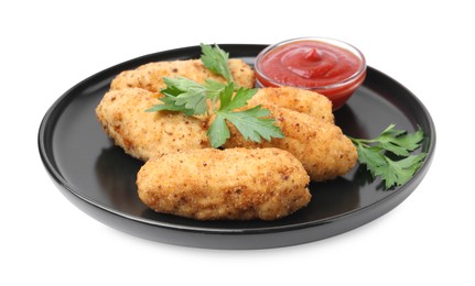Photo of Tasty fried croquettes, parsley and sauce isolated on white