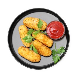 Photo of Tasty fried croquettes, parsley and sauce isolated on white, top view
