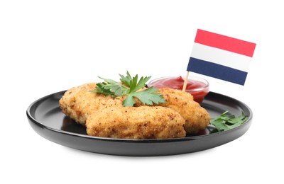 Photo of Tasty fried croquettes, parsley, sauce and flag of Netherlands isolated on white