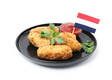 Photo of Tasty fried croquettes, parsley, sauce and flag of Netherlands isolated on white