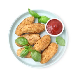Photo of Tasty fried croquettes, basil and sauce isolated on white, top view