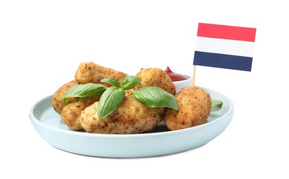 Photo of Tasty fried croquettes, basil, sauce and flag of Netherlands isolated on white