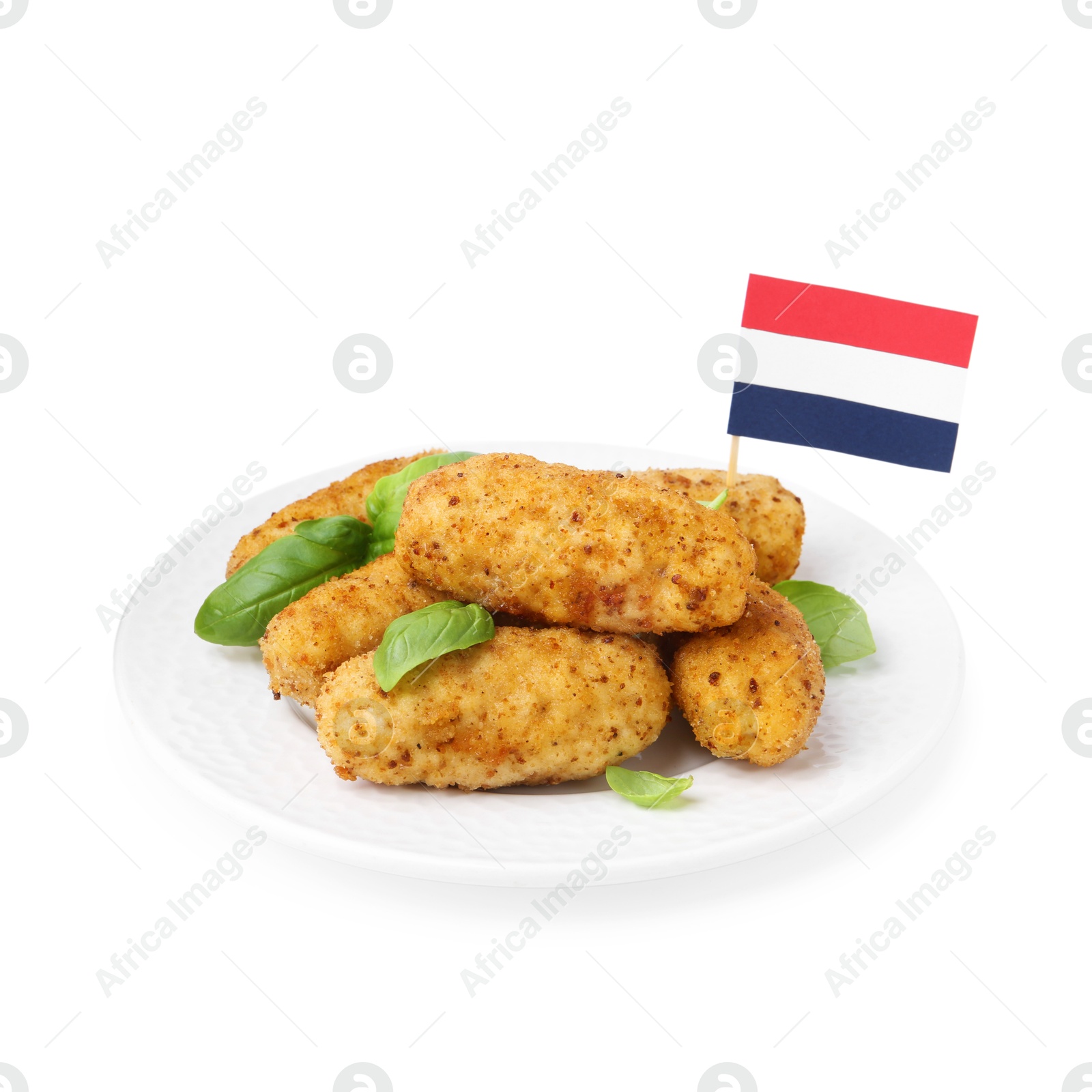 Tasty fried croquettes, basil and flag of Netherlands isolated on white Photo of Tasty fried croquettes, basil and flag of Netherlands isolated on white