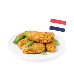 Photo of Tasty fried croquettes, basil and flag of Netherlands isolated on white