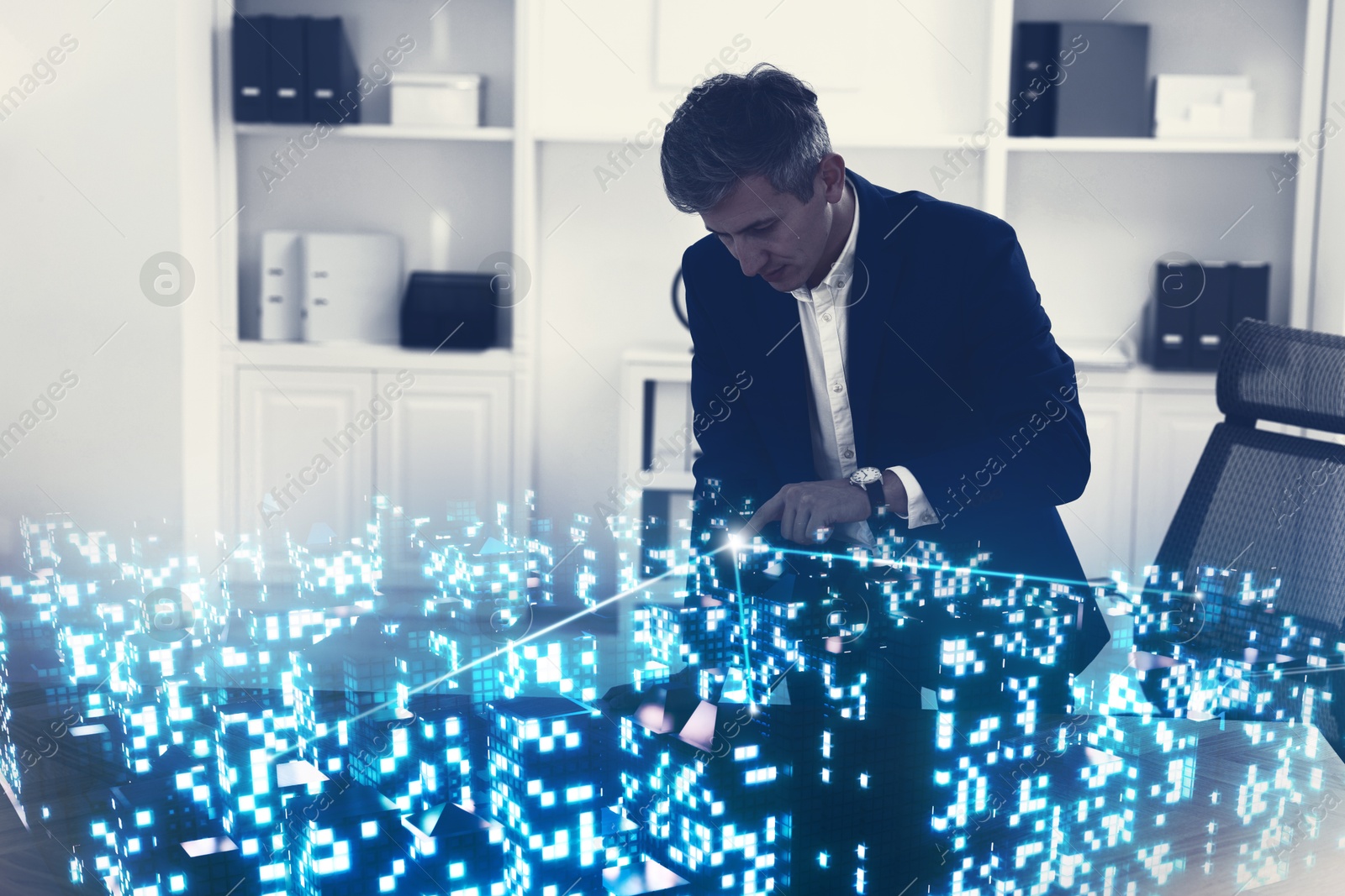 Building information modelling. Man using holographic projection of city in office Illustration of Building information modelling. Man using holographic projection of city in office