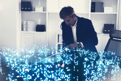 Illustration of Building information modelling. Man using holographic projection of city in office
