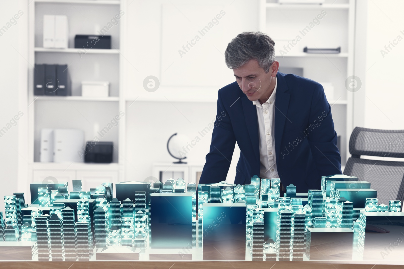 Building information modelling. Man using holographic projection of city in office Illustration of Building information modelling. Man using holographic projection of city in office