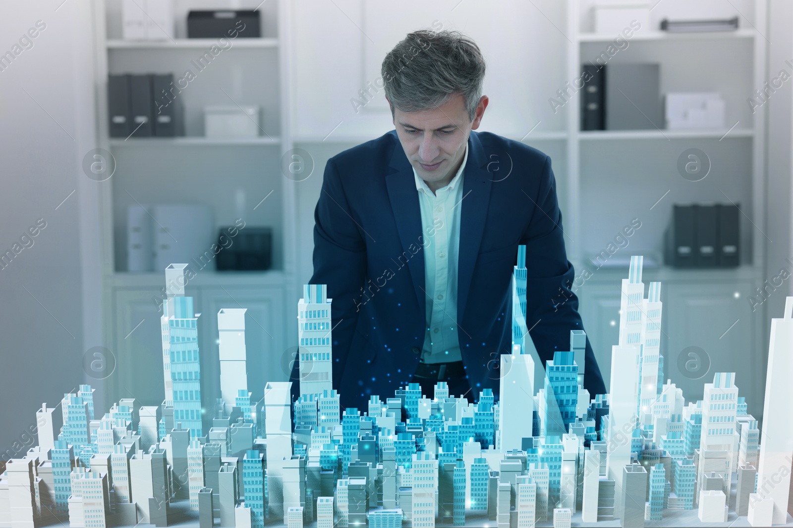 Building information modelling. Man using holographic projection of city in office Illustration of Building information modelling. Man using holographic projection of city in office