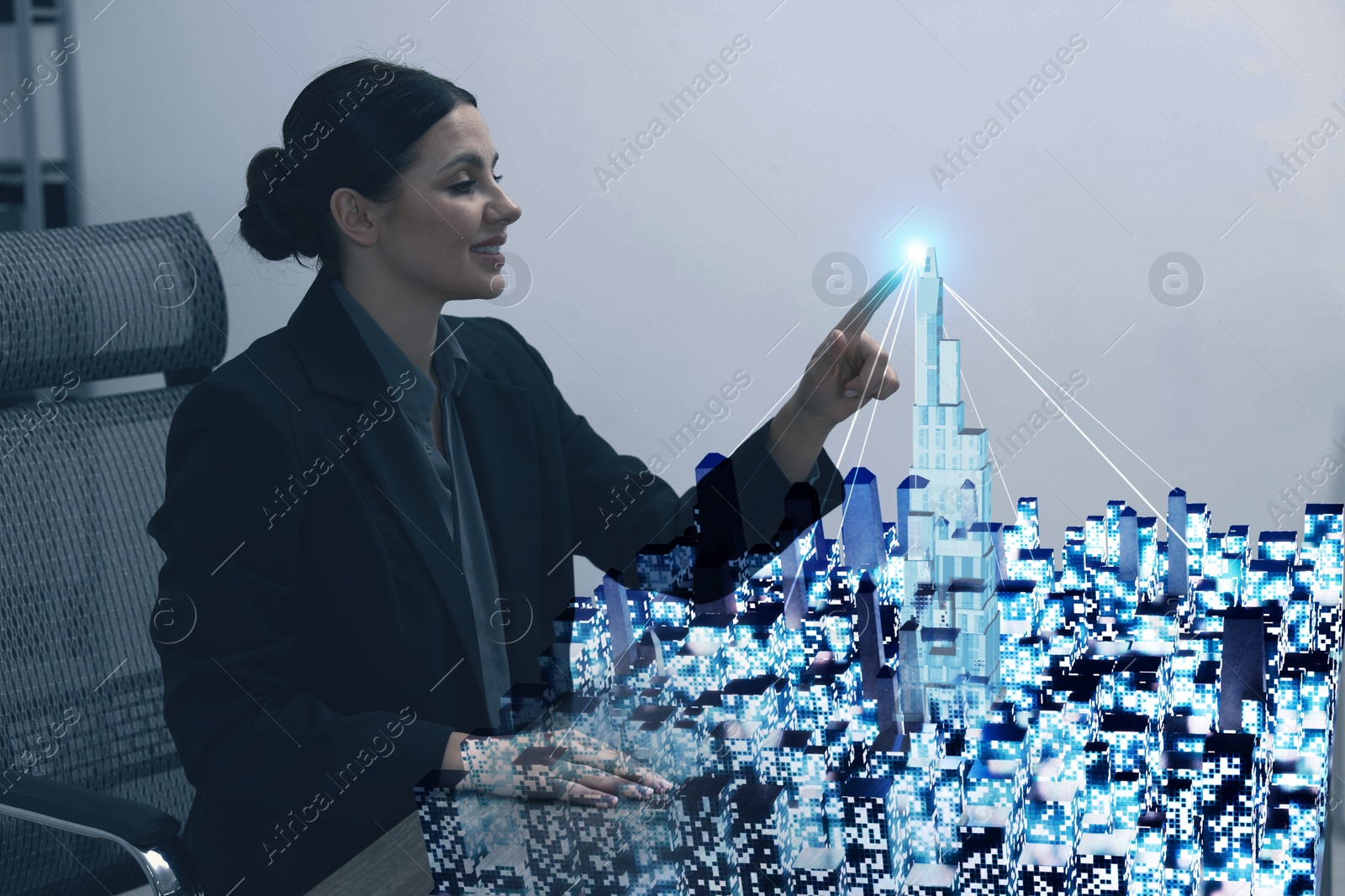 Building information modelling. Woman using holographic projection of city in office Illustration of Building information modelling. Woman using holographic projection of city in office