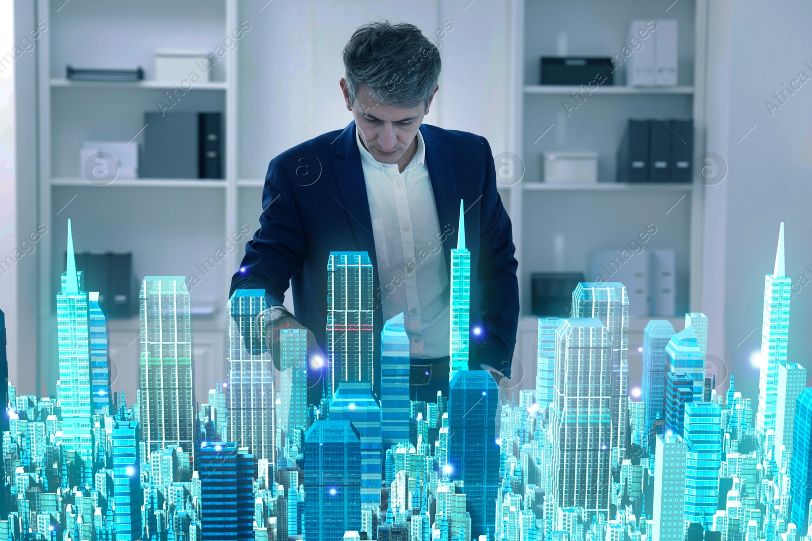 Building information modelling. Man using holographic projection of city in office Illustration of Building information modelling. Man using holographic projection of city in office