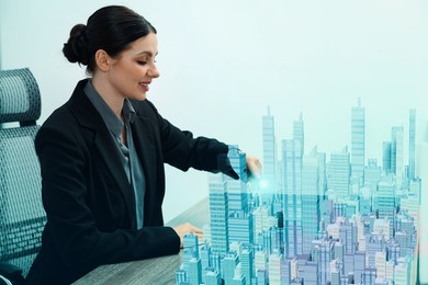 Illustration of Building information modelling. Woman using holographic projection of city in office