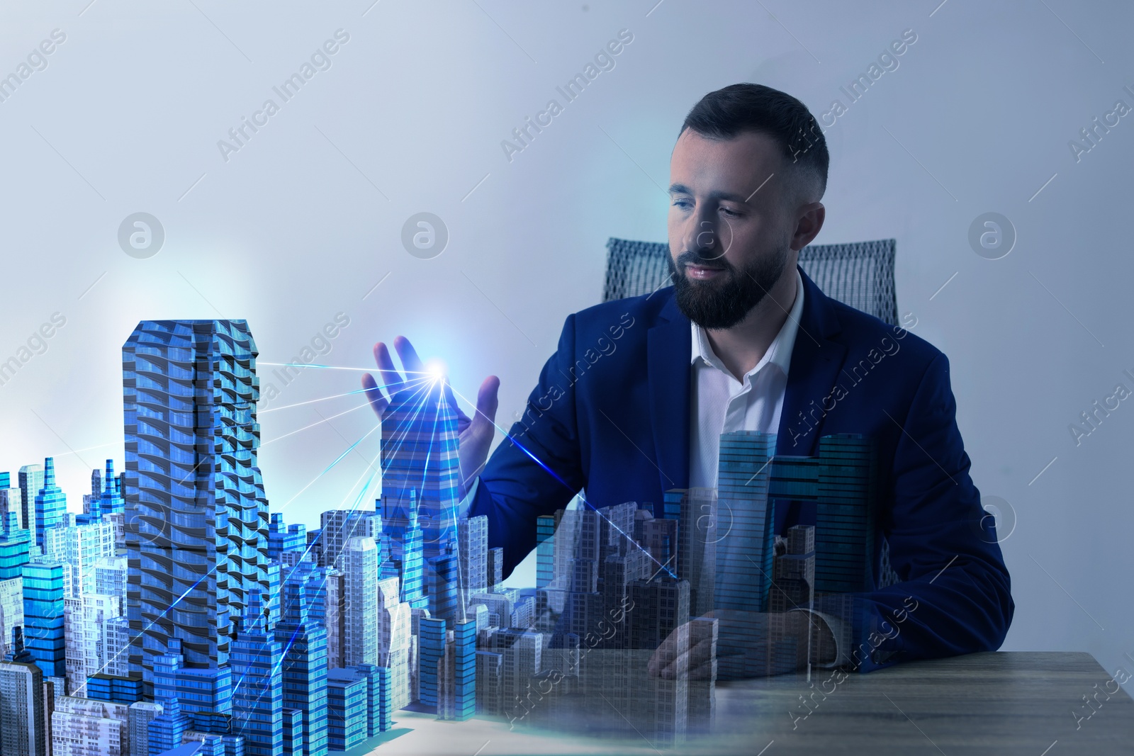 Building information modelling. Man using holographic projection of city in office Illustration of Building information modelling. Man using holographic projection of city in office