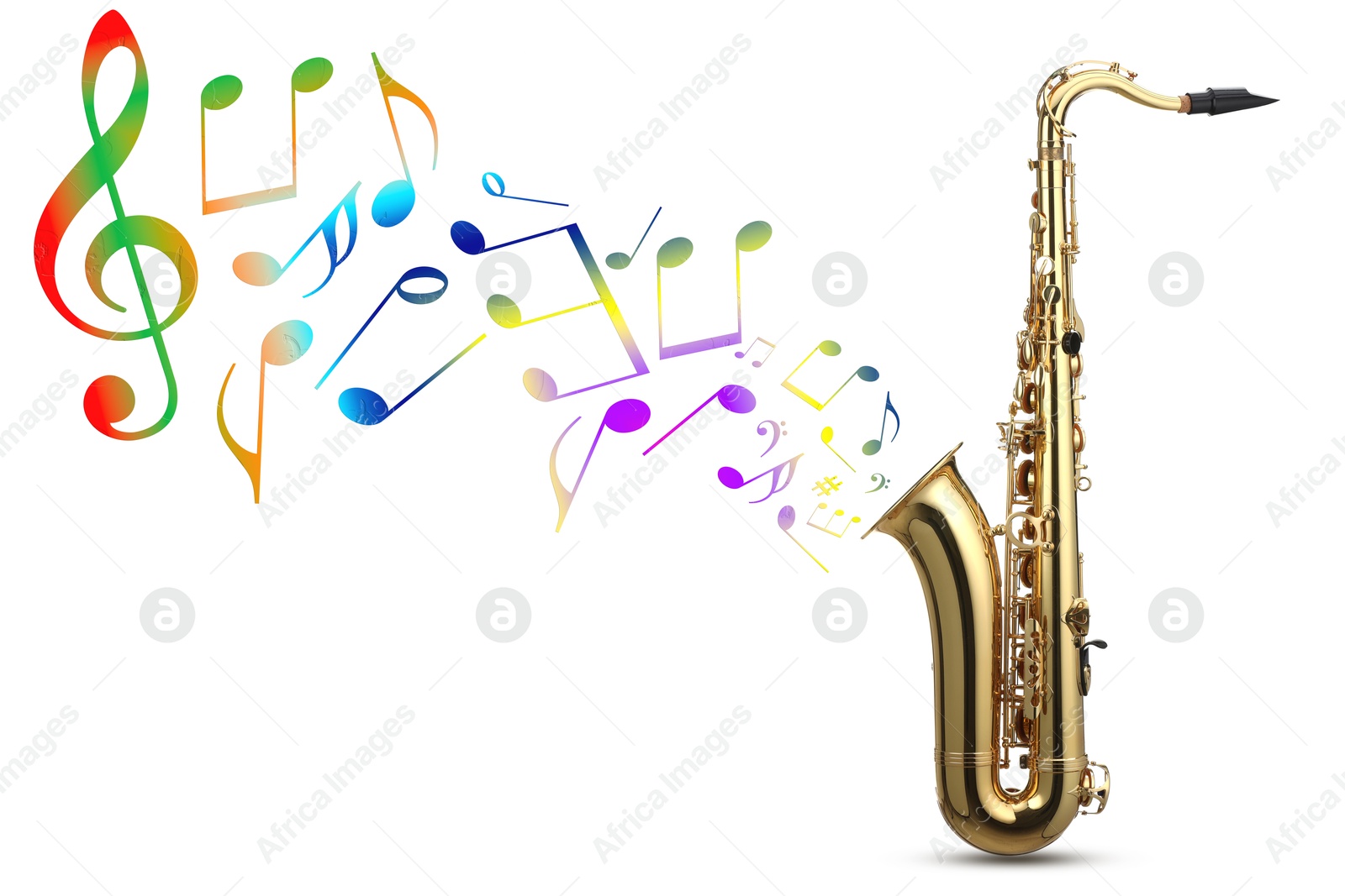 Colorful musical notes flowing from saxophone on white background Image of Colorful musical notes flowing from saxophone on white background