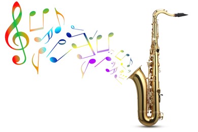 Image of Colorful musical notes flowing from saxophone on white background