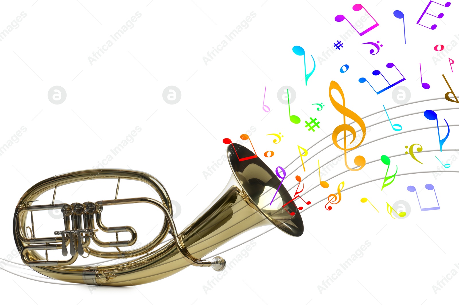 Colorful musical notes flowing from tenor horn on white background Image of Colorful musical notes flowing from tenor horn on white background