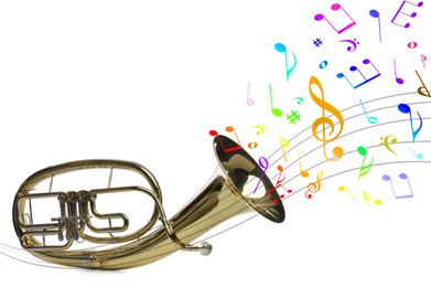Image of Colorful musical notes flowing from tenor horn on white background