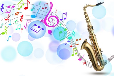 Image of Saxophone and colorful musical notes on white background with blurred lights