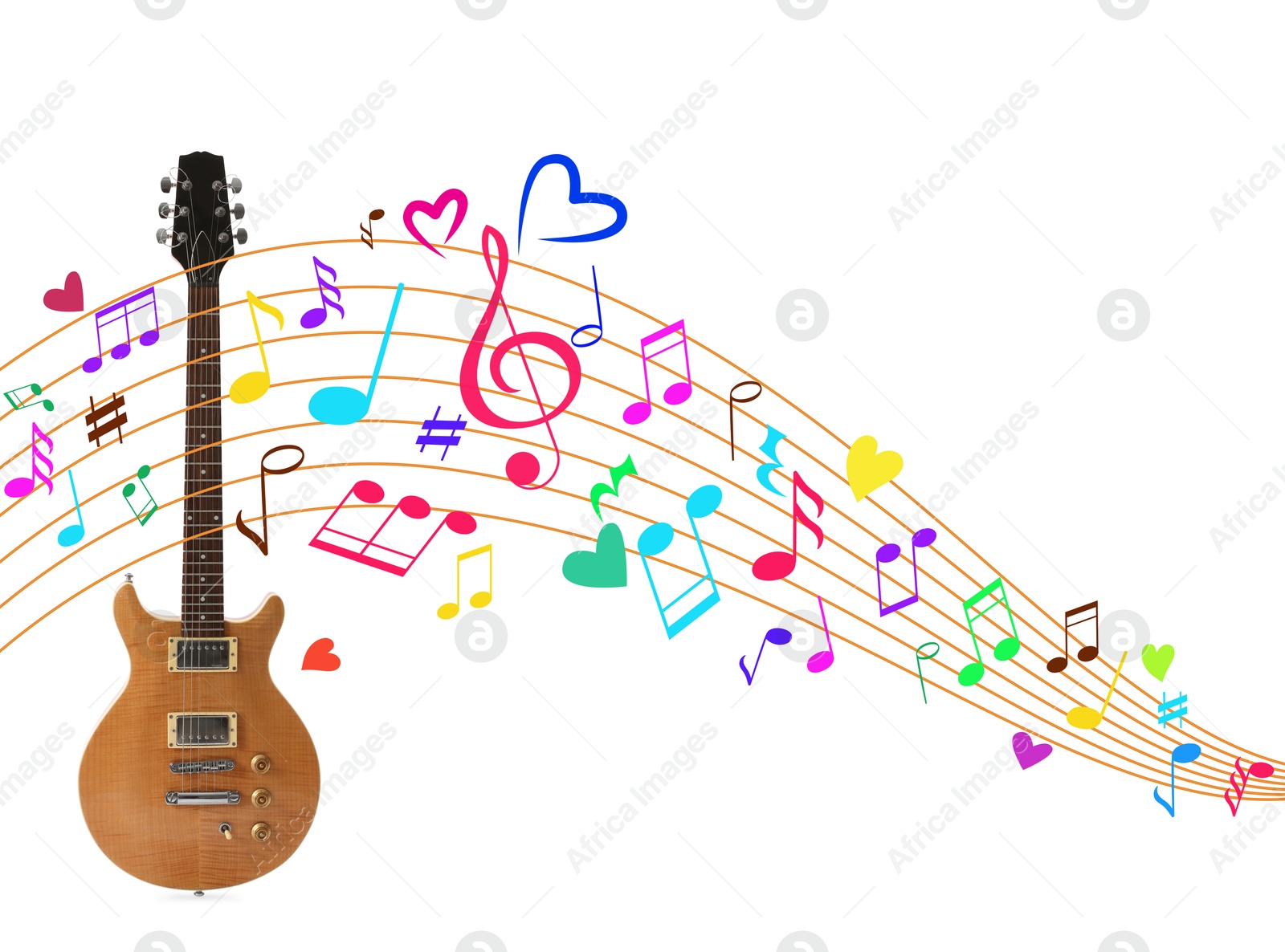 Wooden electric guitar on white background. Colorful music notes and hearts around instrument Image of Wooden electric guitar on white background. Colorful music notes and hearts around instrument