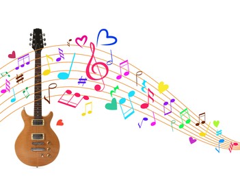 Image of Wooden electric guitar on white background. Colorful music notes and hearts around instrument