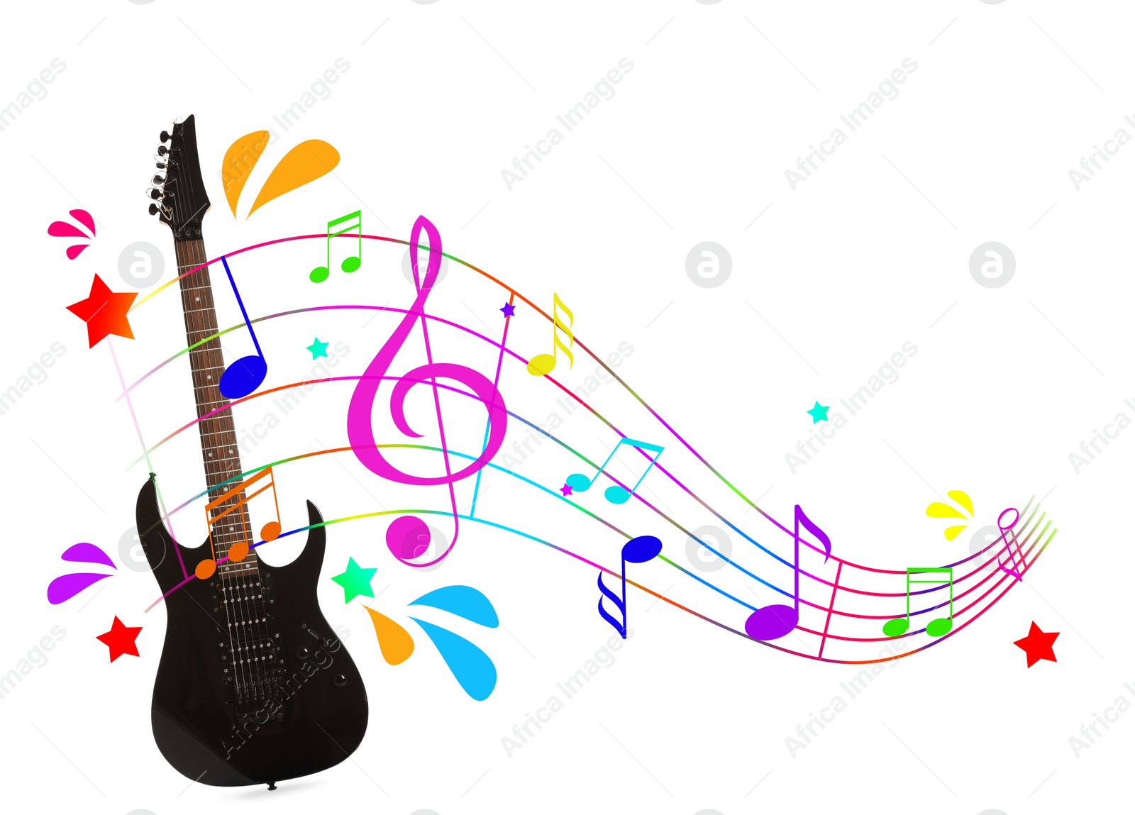 Black electric guitar on white background. Colorful music notes, stars and droplets around instrument Image of Black electric guitar on white background. Colorful music notes, stars and droplets around instrument