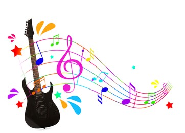 Image of Black electric guitar on white background. Colorful music notes, stars and droplets around instrument