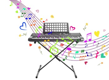 Image of Synthesizer on stand against white background. Colorful music notes, hearts and flowers around instrument