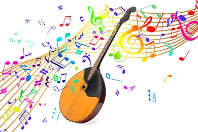 Image of Domra and colorful music notes with sound waves on white background