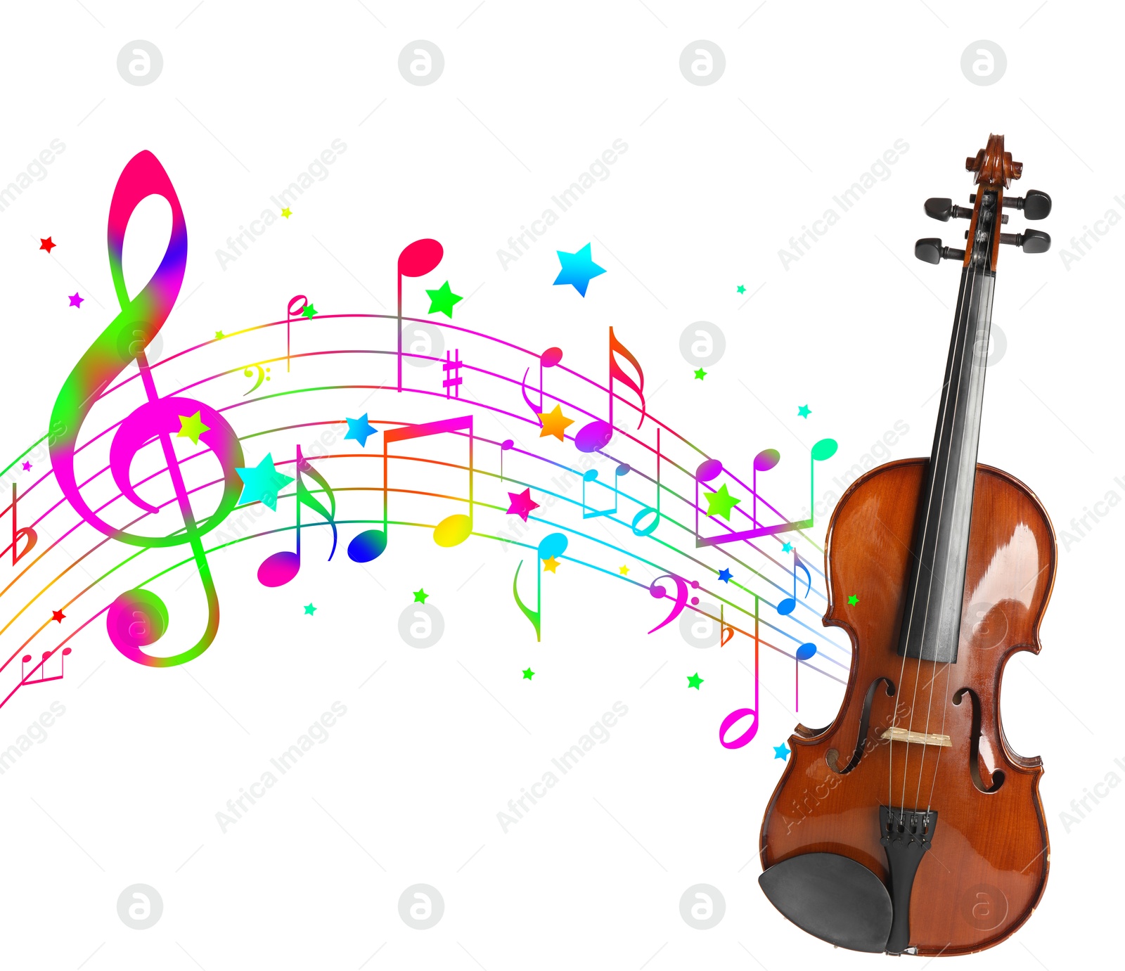Classic violin on white background. Colorful music notes and stars flowing from instrument Image of Classic violin on white background. Colorful music notes and stars flowing from instrument