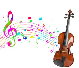 Image of Classic violin on white background. Colorful music notes and stars flowing from instrument