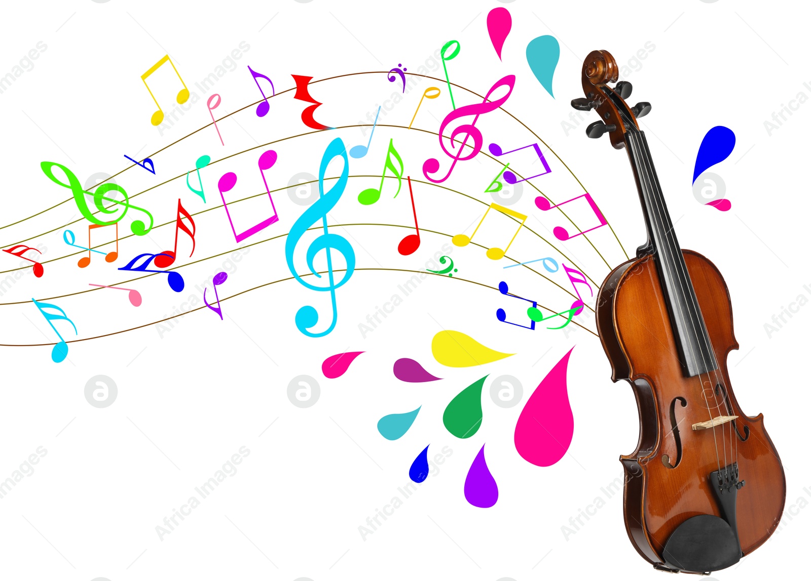 Classic violin on white background. Colorful music notes and droplets flowing from instrument Image of Classic violin on white background. Colorful music notes and droplets flowing from instrument