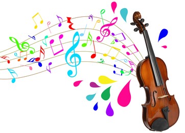 Image of Classic violin on white background. Colorful music notes and droplets flowing from instrument