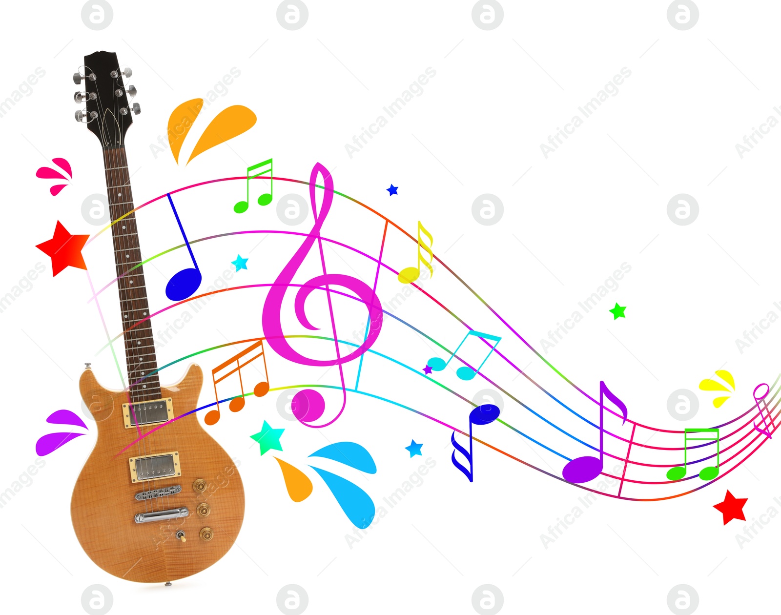 Wooden electric guitar on white background. Colorful music notes, droplets and stars around instrument Image of Wooden electric guitar on white background. Colorful music notes, droplets and stars around instrument