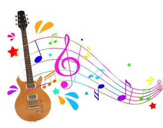 Image of Wooden electric guitar on white background. Colorful music notes, droplets and stars around instrument