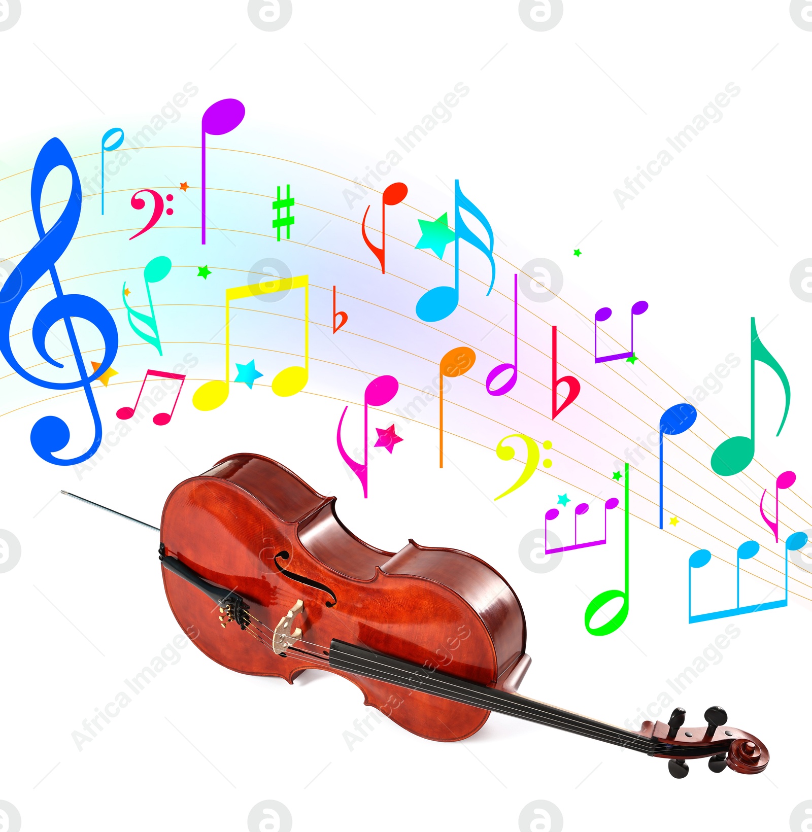 Cello and colorful music notes on white background Image of Cello and colorful music notes on white background