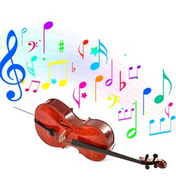 Image of Cello and colorful music notes on white background