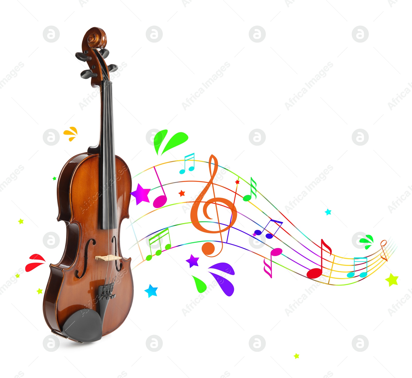 Classic violin on white background. Colorful music notes, droplets and stars flowing from instrument Image of Classic violin on white background. Colorful music notes, droplets and stars flowing from instrument