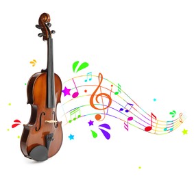 Image of Classic violin on white background. Colorful music notes, droplets and stars flowing from instrument