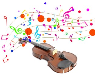 Image of Classic violin and colorful music notes on white background