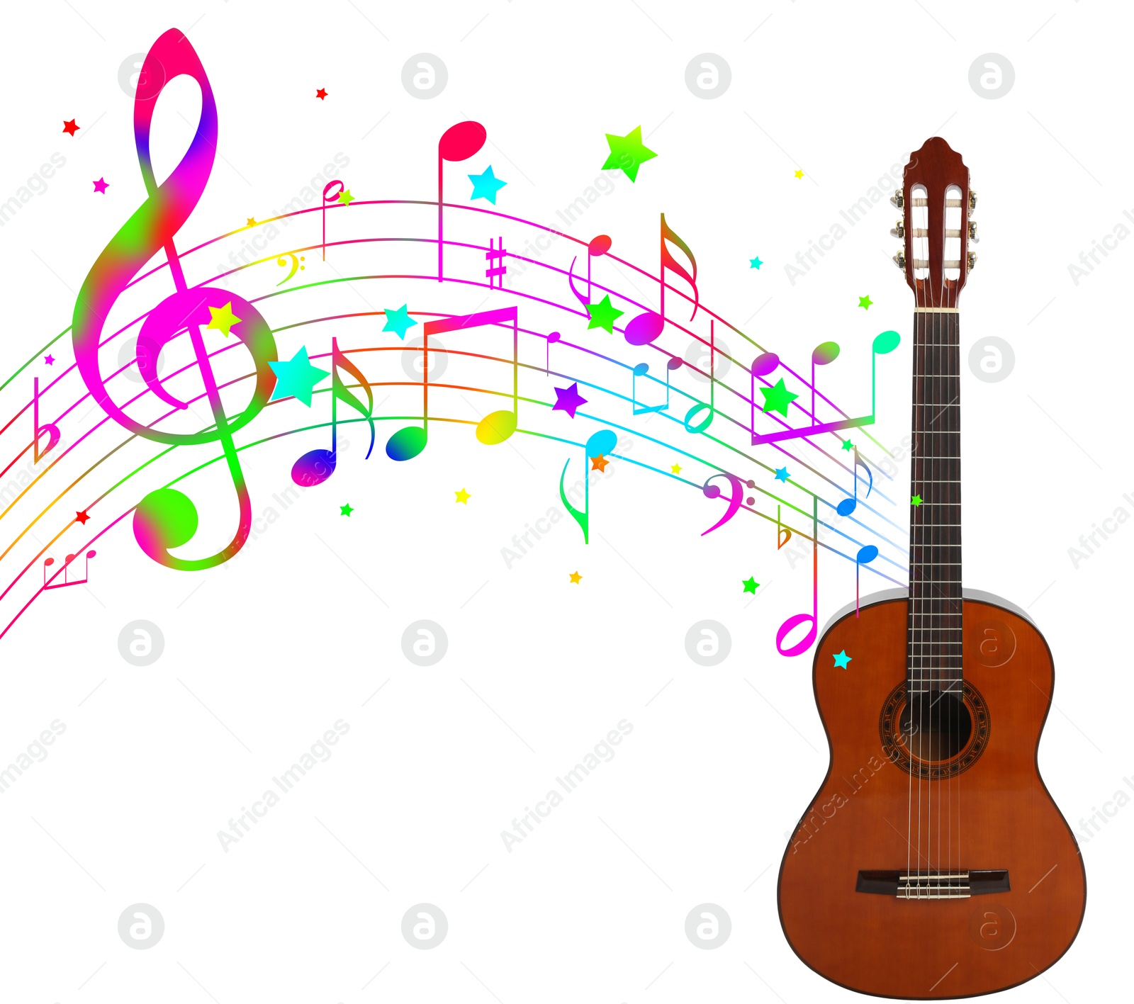 Acoustic guitar on white background. Colorful music notes and stars flowing from instrument Image of Acoustic guitar on white background. Colorful music notes and stars flowing from instrument