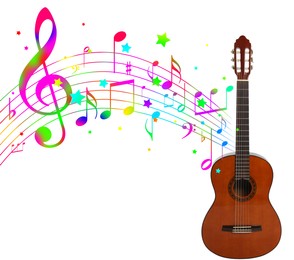 Image of Acoustic guitar on white background. Colorful music notes and stars flowing from instrument