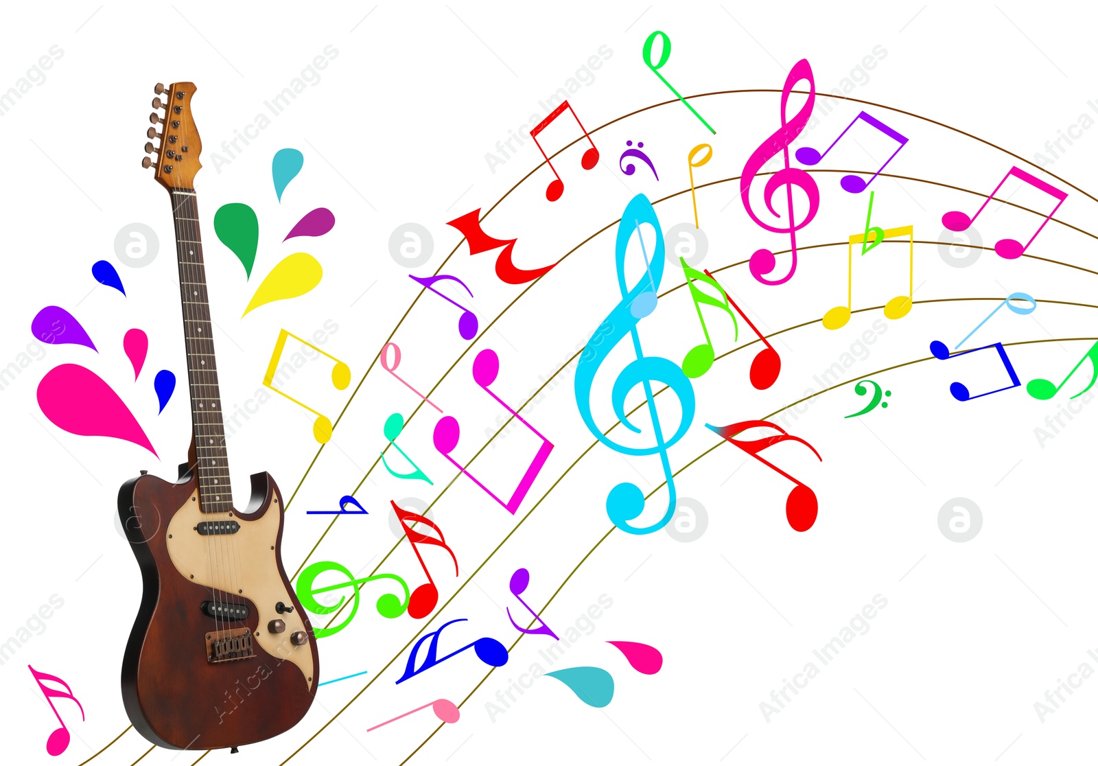 Electric guitar on white background. Colorful music notes and droplets around instrument Image of Electric guitar on white background. Colorful music notes and droplets around instrument