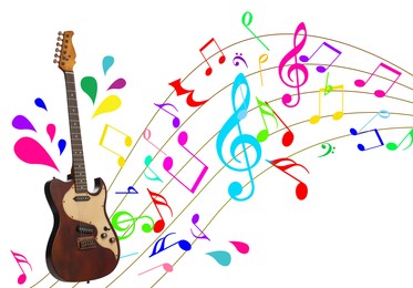Image of Electric guitar on white background. Colorful music notes and droplets around instrument