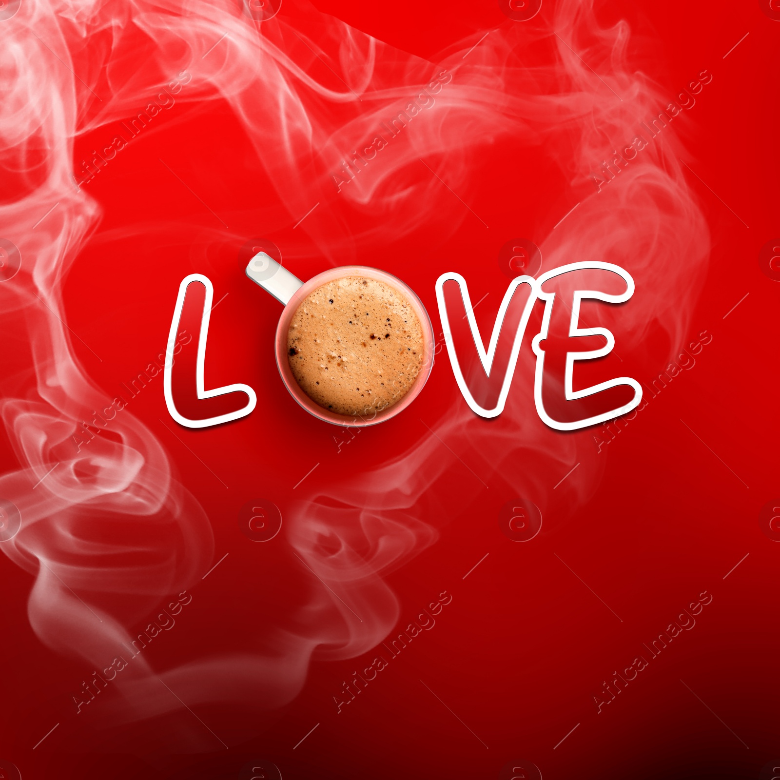 Cup of coffee instead of letter O in word Love on red background, top view Image of Cup of coffee instead of letter O in word Love on red background, top view