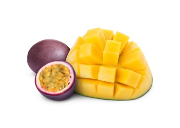 Image of Fresh juicy mango cut in cubes and passion fruits isolated on white