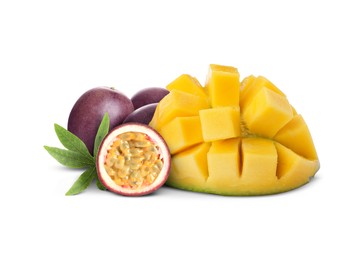 Image of Fresh juicy mango cut in cubes and passion fruits isolated on white