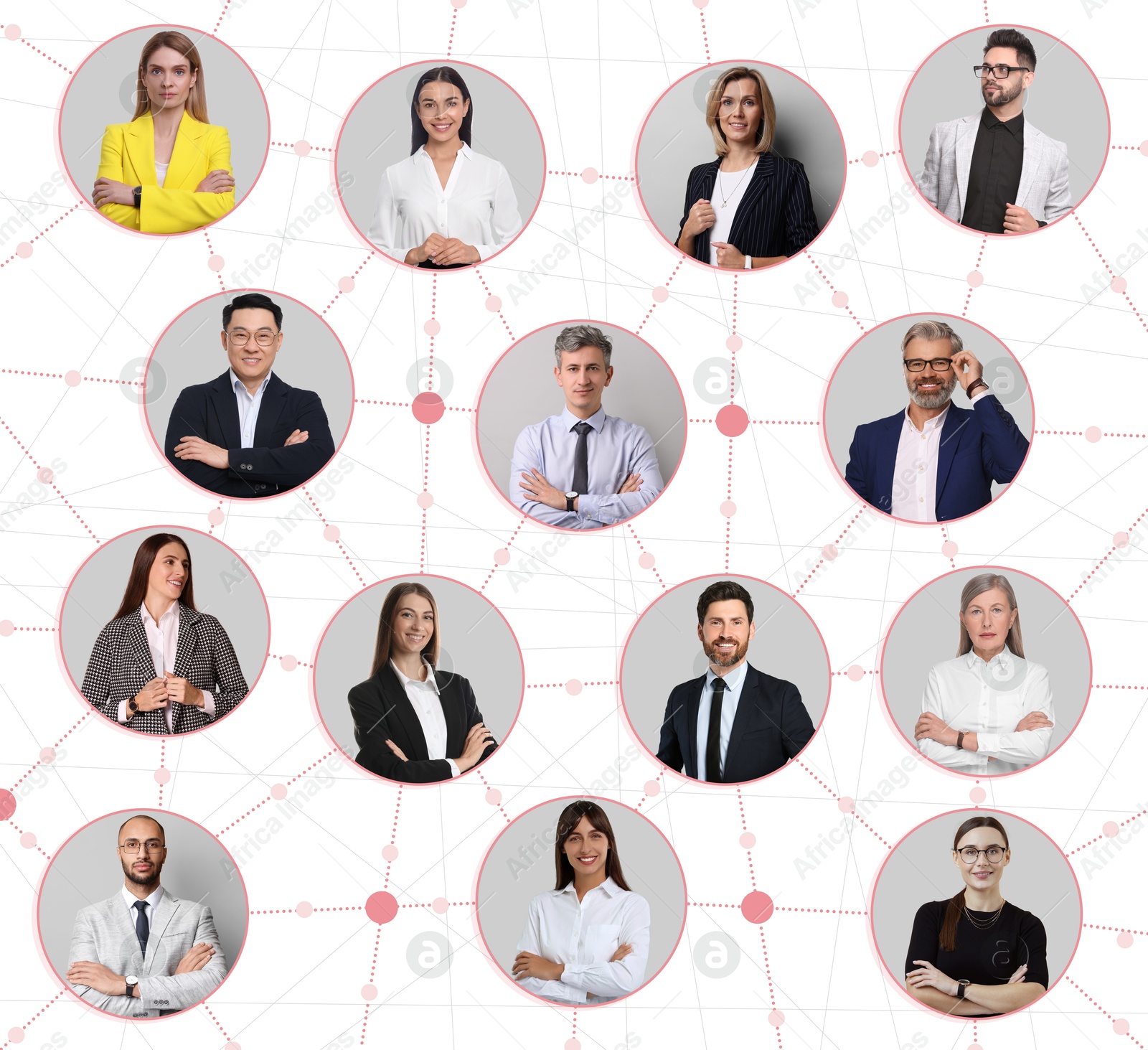 Network: business, communication, team. Circles with portraits of people connected to each other on white background Image of Network: business, communication, team. Circles with portraits of people connected to each other on white background
