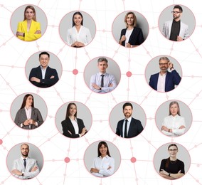 Image of Network: business, communication, team. Circles with portraits of people connected to each other on white background