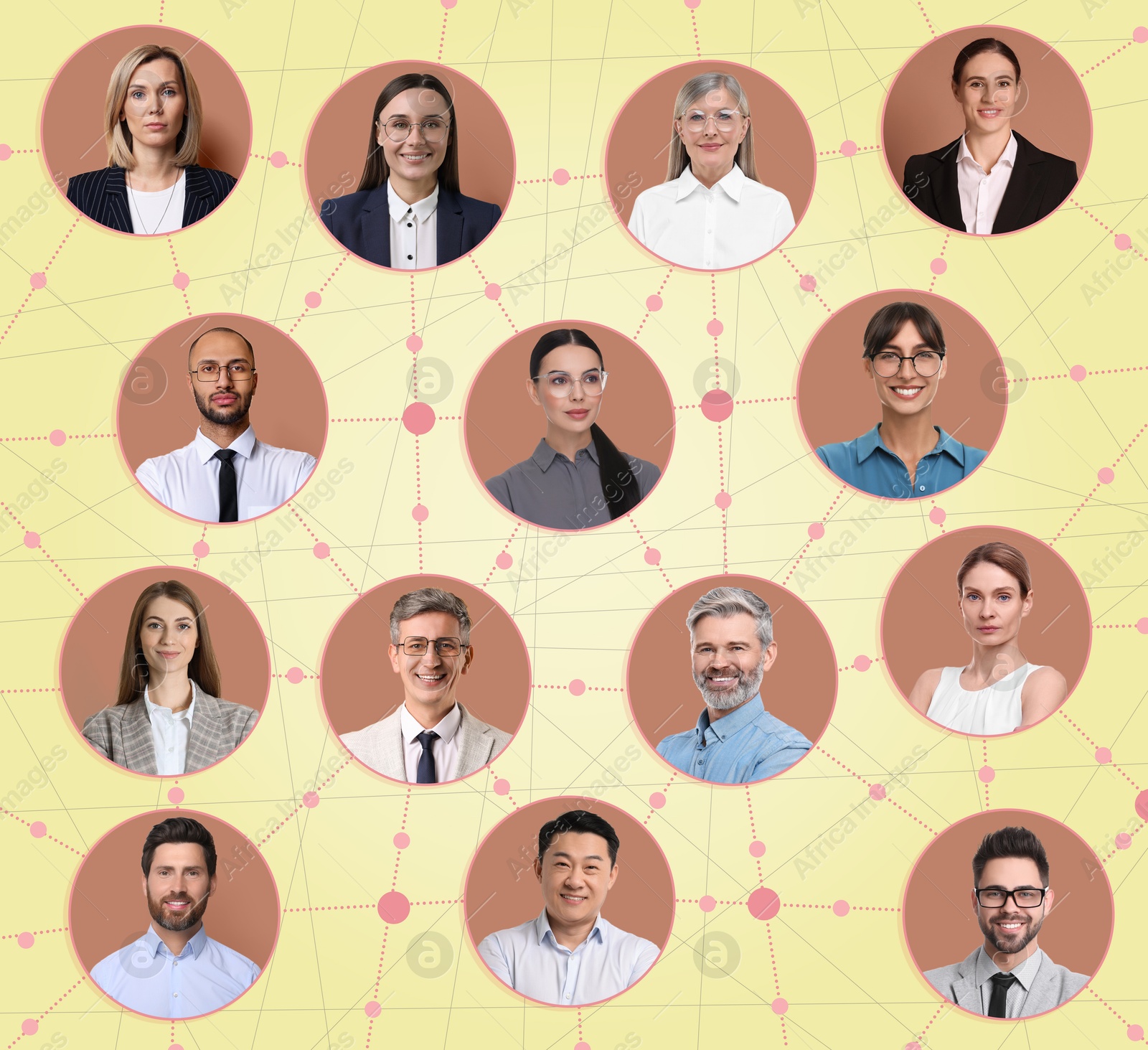 Network: business, communication, team. Circles with portraits of people connected to each other on beige background Image of Network: business, communication, team. Circles with portraits of people connected to each other on beige background