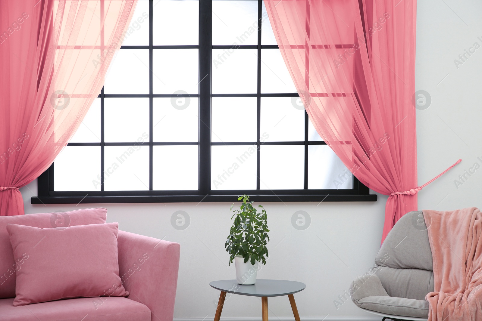 Armchair and sofa near window with pink curtains in room. Interior design Image of Armchair and sofa near window with pink curtains in room. Interior design