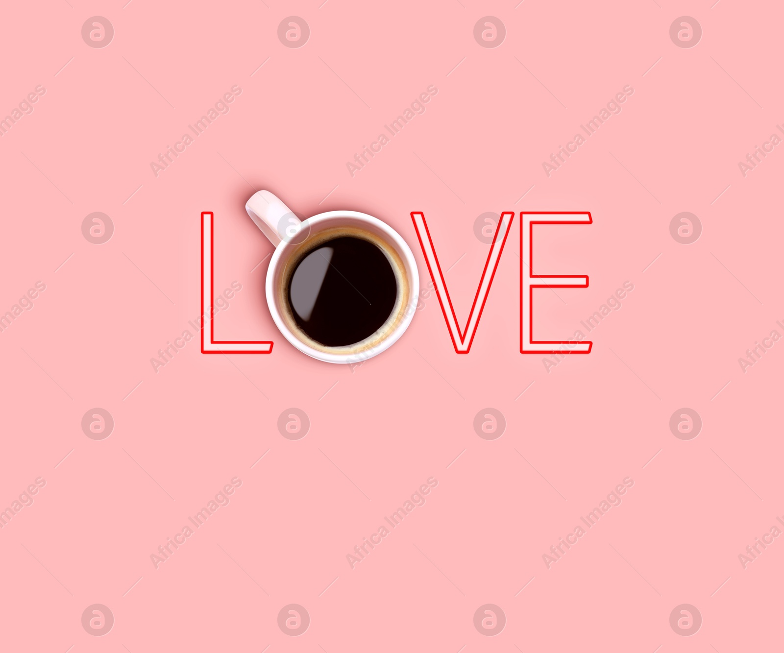 Coffee love. Cup of coffee instead of letter O in word on pink background, top view Image of Coffee love. Cup of coffee instead of letter O in word on pink background, top view